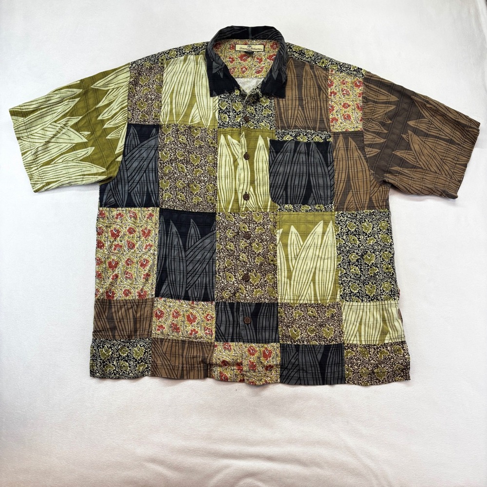 Tommy Bahama Button Down Shirtโ Mens XL Multicolor Silk Patchwork Tropical Leaf